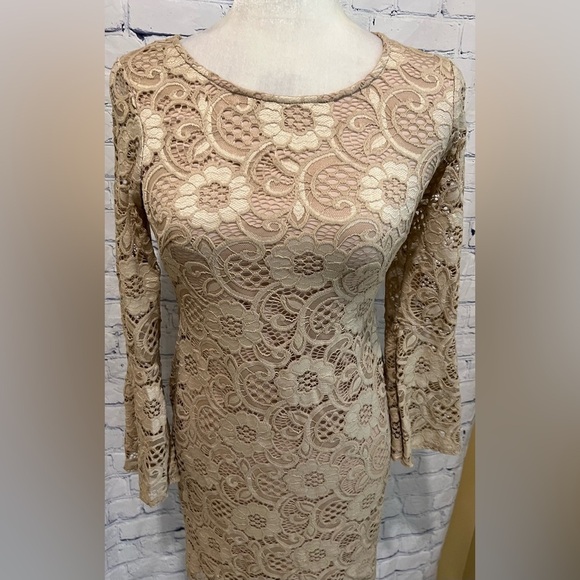 Amanda Lane Beige Allover Lace Dress Bell Sleeves Women's Size Petite Small - Picture 2 of 7